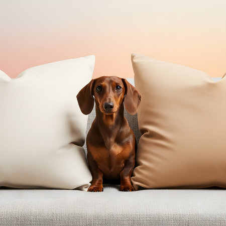 Adorable dachshund puppy sitting comfortably between beige and white pillows on modern sofa. Calm domestic dog portrait in home setting.の素材