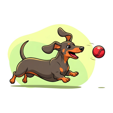 Dynamic cartoon illustration black tan dachshund running quickly chasing bouncing red ball Outdoors playtime activity stylized abstract background conceptの素材