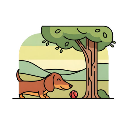 Cute sausage dog enjoying playful outdoor activity. Wiener dog having fun with toy ball near large green tree in summer field meadow landscape.の素材