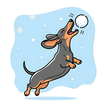 Stylized illustration energetic dachshund dog leaping to catch white snowball. Happy puppy playing outdoor winter game during snowfall.の素材