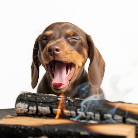 Adorable short haired puppy enjoys warm campfire atmosphere yawning. Cute dog close up face expression showing tongue while relaxing near smoldering wood. Sleepy pet.の素材