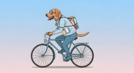 Veterinarian medical professional rides bicycle delivering documents and patient files. Eco friendly transportation for doctor making house calls appointment.の素材