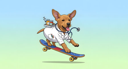 Energetic doctor dog wearing white medical coat and stethoscope rides skateboard quickly. Carrying syringes and bottles of medicine. Fast service delivery concept cartoon.の素材