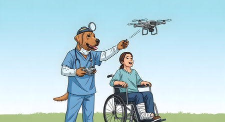 Medical assistance dog nurse flies drone for happy young patient recovery. Disabled child enjoys playtime with canine helper outdoors.の素材