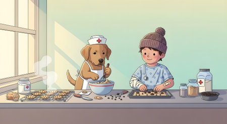Therapy dog helping young boy with broken arm bake cookies. Canine assistant wearing nurse cap and apron. Encouraging patient recovery through activity.の素材