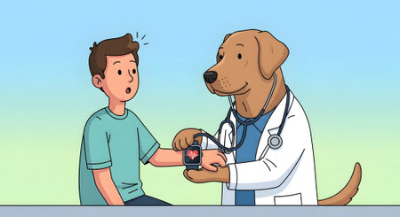 Veterinarian doctor dog examines boy patient using wearable technology device. Medical professional monitors heart rate and vital signs via smartwatch application.の素材