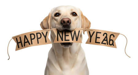 Happy yellow Labrador retriever holding festive paper bunting with text greeting. Perfect image for New Year celebration marketing and holiday card design.の素材