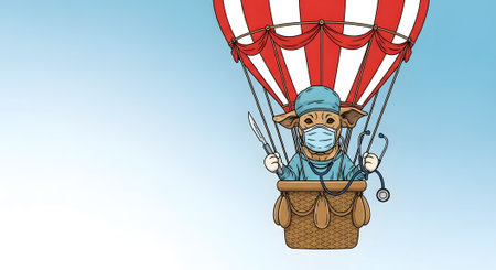 Chihuahua surgeon doctor in hot air balloon. Canine professional holding scalpel stethoscope flying. Medical emergency concept sky.の素材