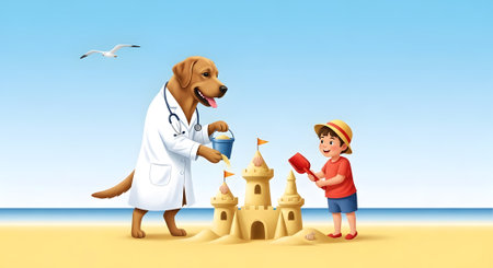 Veterinarian dog wearing lab coat assisting young boy construct elaborate sandcastle using bucket and shovel. Summer vacation fun by ocean seaside activity.の素材