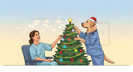 Therapy dog assisting young woman decorating winter holiday tree. Canine companion spreading cheer. Patient in gown enjoying festive activity. Hospital goodwill.の素材