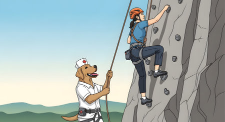 Labrador service dog nurse belaying rock climber. Animal provides safety support. Pet assists human during ascent sport activity.の素材