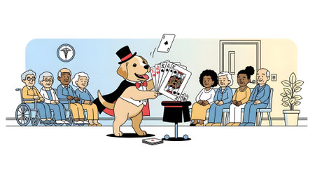 Anthropomorphic dog performer demonstrates dexterity trick to seated diverse group of senior patients. Fun engaging activity in clinic setting.の素材