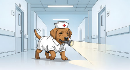 Cute nurse dog wearing uniform navigating hospital corridor with flashlight. Canine caregiver patrolling ward providing essential healthcare assistance.の素材
