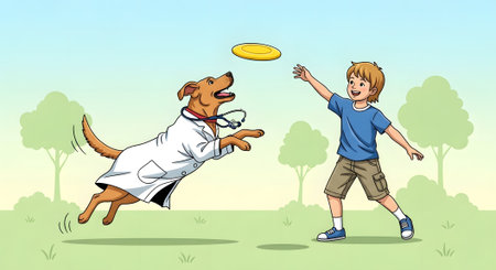 Energetic canine doctor plays frisbee with cheerful young boy. Dog professional enjoys outdoor playtime in sunny park background. Health and fun.の素材