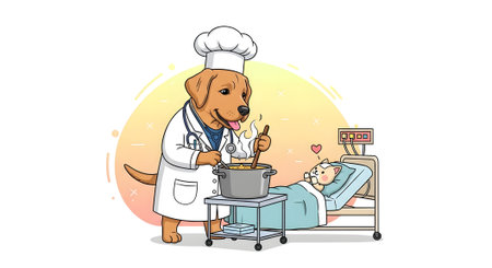 Doctor dog wearing chef hat preparing meal for unwell feline patient. Support animal providing nourishment and care in a medical facility setting.の素材