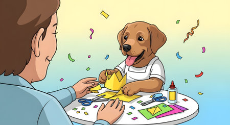 Cute puppy dog wearing apron helping person make yellow paper crown. Fun DIY craft activity on table with scissors and glue. Hobby teamwork concept illustration.の素材