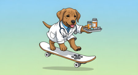 Adorable dog doctor rides skateboard delivering medicine. Cute puppy professional brings drugs and syringe on tray. Energetic animal care.の素材