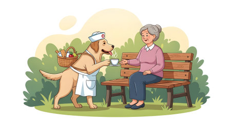 Labrador service dog dressed as nurse delivering hot beverage to elderly lady. Canine assistant bringing cup of tea to senior woman sitting on park bench.の素材