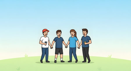 Group of four happy young people standing together holding hands in park. Diverse friends celebrating strong friendship and unity outdoors.の素材