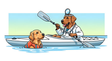 Labrador retriever dressed as doctor kayaking with dog companion wearing safety vest. Cute canine pets enjoying water sports and summer vacation.の素材