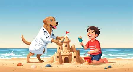 Caring doctor dog and cheerful boy constructing sandcastle at sunny seashore. Fun summer vacation activity during recovery time.の素材