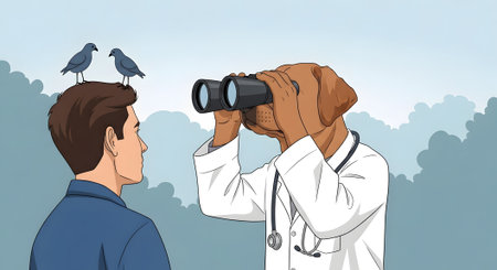 Dog doctor in white coat with stethoscope using binoculars observing patient. Medical examination concept. Man with birds on his head.の素材