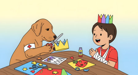 Service dog assisting smiling child with arm bandage making paper crown. Therapy animal helping boy with creative arts and crafts activity.の素材