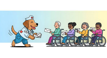 Friendly cartoon dog doctor distributing important letters to diverse group of elderly patients in wheelchairs. Healthcare communication and support for seniors.の素材