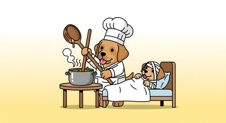 Caring chef dog preparing warm soup for sick puppy patient. Dog wearing chef hat tending to ill pup bandaged lying in hospital bed.の素材