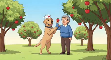 Caring dog nurse assists senior woman with good nutrition. Canine professional offers healthy red apple in lush green apple orchard setting.の素材