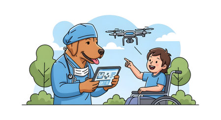Professional doctor dog explains medical technology using tablet device. Young boy in wheelchair points at drone flying above park setting concept of future healthcare.の素材