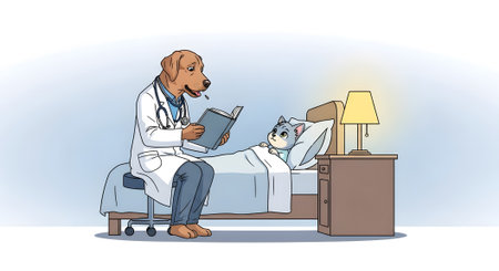 Labrador retriever doctor reading storybook to ill kitten lying in hospital bed. Friendly veterinarian offering comfort and specialized animal healthcare.の素材
