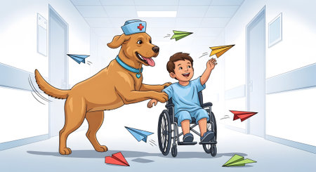 Kind therapy dog wearing nurse cap pushes smiling boy in wheelchair down hospital hallway. Child plays with flying paper airplanes. Emotional support recovery illustration.の素材