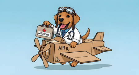 Cute puppy doctor pilot flying a cardboard airplane labeled 'AIR Rx'. Delivering medicine concept. Quick access to medical supplies and healthcare transport.の素材