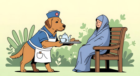 Caring medical assistant dog providing compassionate service. Labrador in nurse uniform bringing tray with tea and biscuits to patient relaxing in garden.の素材