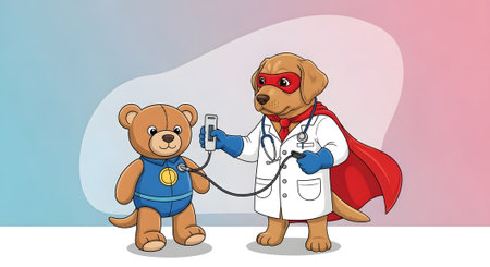 Brave superhero dog wearing cape stethoscope doctor coat diagnosing teddy bear patient. Imaginative veterinary care concept emphasizing health protection. Playful scene.の素材