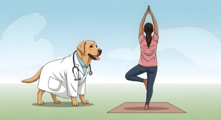 Dog wearing medical coat watching woman practice yoga pose on mat. Focus on mental and physical health and balance supported by companion animal.の素材