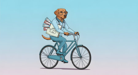 Anthropomorphic dog doctor wearing glasses and stethoscope rides bicycle. Canine delivers medical files efficiently promoting mobile health services.の素材
