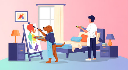 Dog artist wearing apron painting colorful abstract on easel. Human companion standing nearby holding palette in brightly lit art studio home.の素材