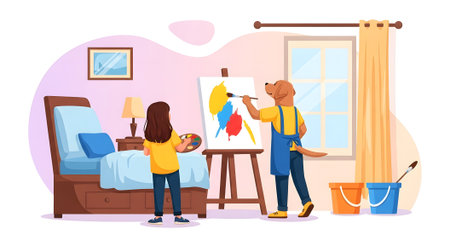 Dog and child collaborating on colorful abstract painting. Friends enjoying creative art hobby in cozy bedroom environment. Leisure activity partnership.の素材