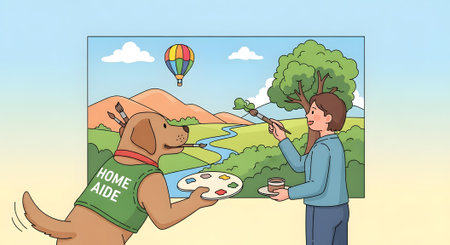 Canine home care assistant helping owner with creative activity. Service dog holding paintbrush and palette while person paints scenic picture. Supportive pet companion.の素材