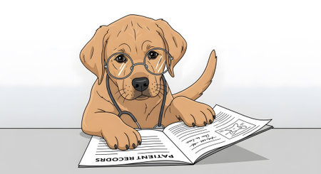 Adorable veterinarian puppy wearing spectacles stethoscope reading document. Serious cute dog studying medical charts. Veterinary care professional animal concept.の素材