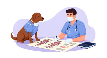 Veterinarian doctor wearing scrub uniform and mask consults anatomy diagrams. Brown dog assistant also wears scrubs and mask. Professional medical consultation illustration.の素材