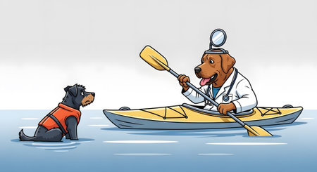 Expert physician dog in kayak offers medical consultation. Veterinarian using head mirror talks to small dog wearing flotation device in water.の素材