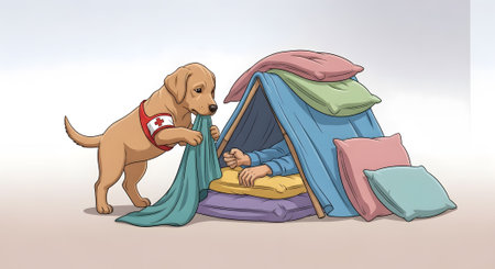 Labrador service dog assists person in pillow fort. Assistant animal provides comfort security. Therapy pet supports emotional well being.の素材