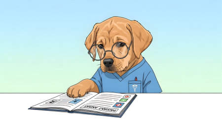 Adorable young canine preparing for veterinarian career. Student puppy mascot concentrating on open medical journal. Serious dog reading healthcare information.の素材