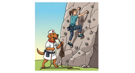 Canine nurse providing safety support for woman rock climbing. Dog assists climber on steep natural wall with belay rope. Teamwork adventure.の素材