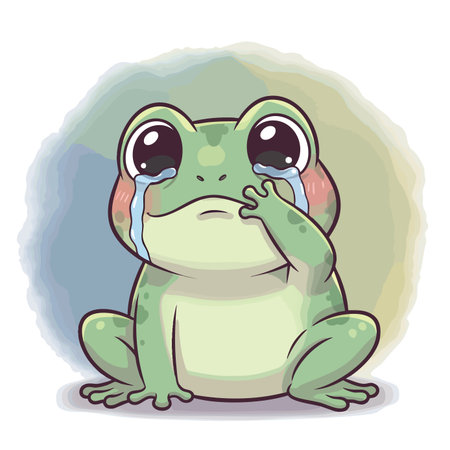 Cute green amphibian character feeling distressed and showing sadness. Little frog mascot weeping and wiping away tears watercolor background.のイラスト素材