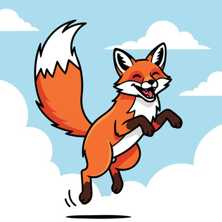 Happy fox cartoon character jumping high in air above white clouds blue sky background. Cute animal feeling joyful playful active.のイラスト素材