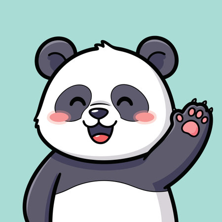 Cheerful black white panda mascot waving. Smiling kawaii forest animal character greeting. Friendly Asian bear cub welcome gesture.のイラスト素材
